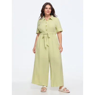 Bloomchic Button Front Drawstring Waist Wide Leg Jumpsuit In Green