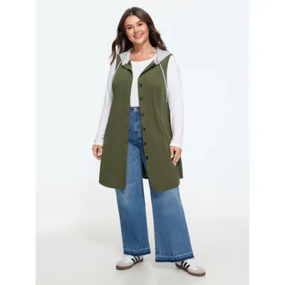 Bloomchic Button Front Pocket Long Hooded Vest In Green