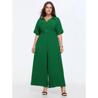 Bloomchic Button Placket Pockets Wide-leg Jumpsuit In Emerald