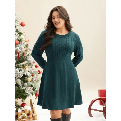Bloomchic Cable Knit Fit-and-flare Mini Sweater Dress In Cyan