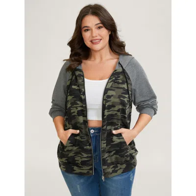 Bloomchic Camouflage Print Color Contrast Zipper Hoodie