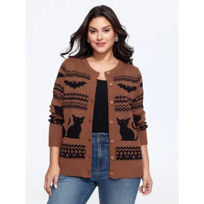 Bloomchic Cat Bat Geometric Jacquard Button Front Cardigan In Yellowishbrown_1