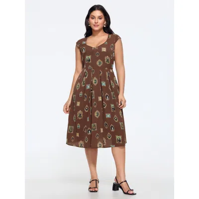 Bloomchic Cat Frame Print Cap Sleeve Midi Dress In Browncoffeecolor