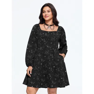 Bloomchic Cat Moon Star Print Pocket Mini Dress In Blackflower