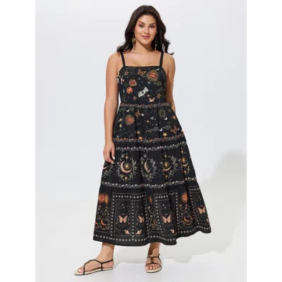 Bloomchic Celestial Print Shirred Tiered Maxi Dress In Blackflower