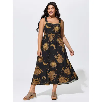 Bloomchic Celestial Print Wide Straps Midi Dress In Brown