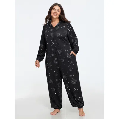 Bloomchic Celestial Print Zip Up Hooded Lounge Jumpsuit In Black