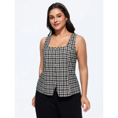 Bloomchic Check Print Waist-tie Button Tank Top In Gray