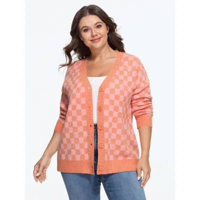 Bloomchic Checkerboard V Neck Button Front Cardigan In Multi