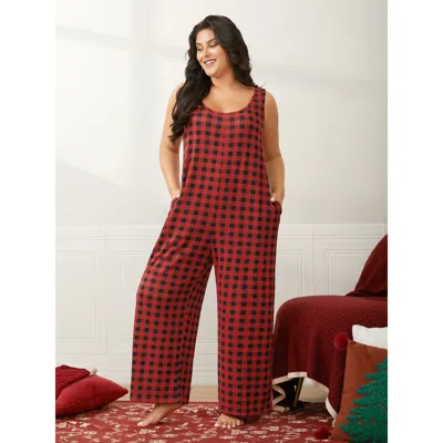 Bloomchic Checkered Pattern U-neck Lounge Jumpsuit In Crimson
