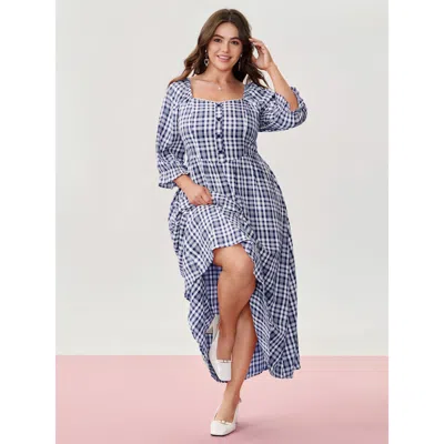 Bloomchic Checkered Print Pockets Button Maxi Dress In Indigo
