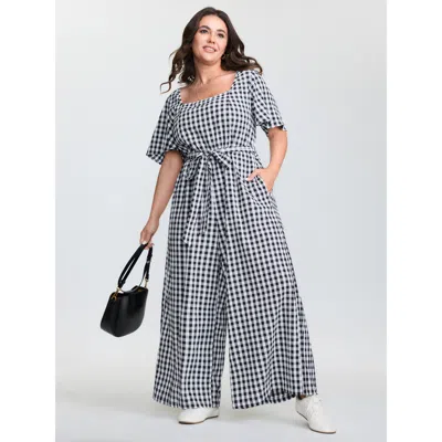 Bloomchic Checkered Print Pockets Waist-tie Jumpsuit In Blue