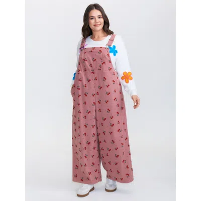 Bloomchic Cherry Print Adjustable Overall Straps Jumpsuit In Pink