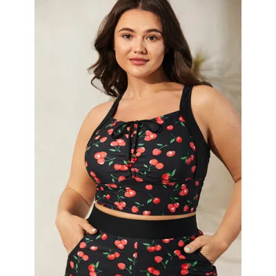 Bloomchic Cherry Print Ruched Drawstring Swim Top In Black
