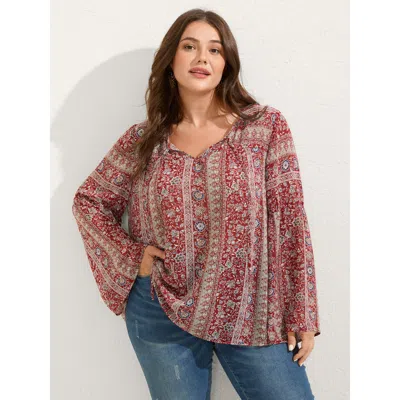 Bloomchic Chiffon Floral Sheer Print Neck-tie Blouse In Brown