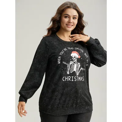 Bloomchic Christmas Vintage Skull Print Crew Neck Sweatshirt In Black