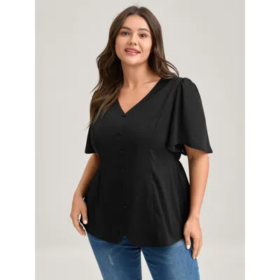 Bloomchic Cinched Flared Waist Button Detail Blouse In Black