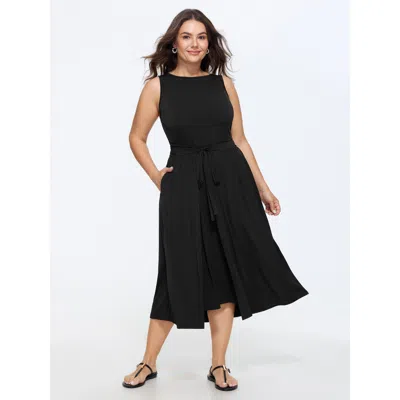 Bloomchic Cinched-waist Split Hem Midi Dress In Black
