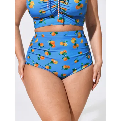 Bloomchic Citrus Print Ruched High Waisted Swim Bottoms In Blue