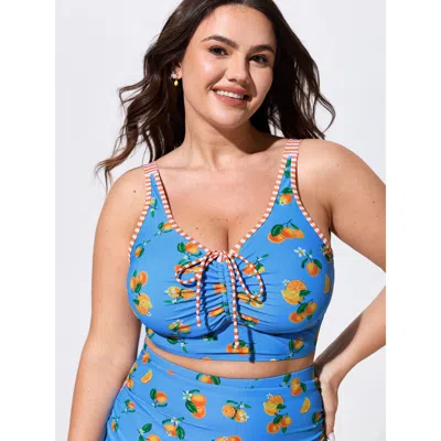 Bloomchic Citrus Print Striped Straps Swim Top In Blue