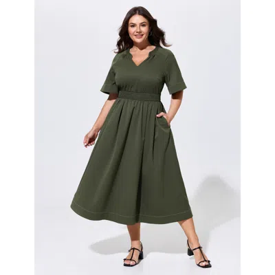Bloomchic Classic Notched Collar Shirred Midi Dress In Green