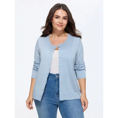 Bloomchic Classic Solid Crew Neck Button Down Knit Cardigan In Lightblue