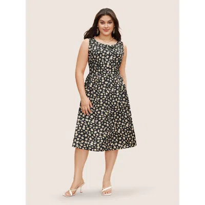 Bloomchic Collared Daisy Midi Dress In Black
