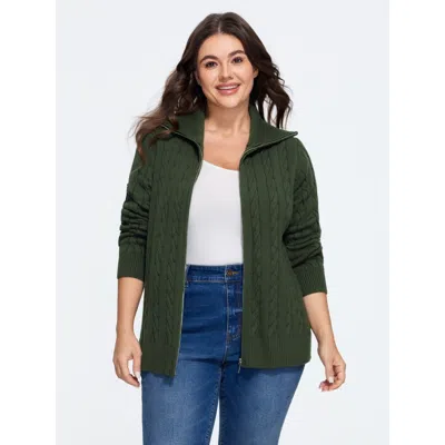 Bloomchic Collared Zip Up Cable Knit Cardigan In Green