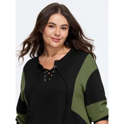 Bloomchic Color Block Lace Up Waffle Panel Sweatshirt In Multi