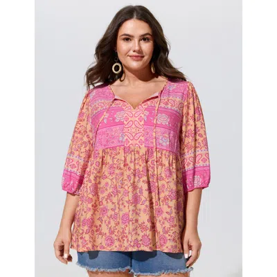 Bloomchic Color Block Paisley Print Babydoll Blouse In Beanpastepowder