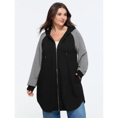 Bloomchic Color Block Raglan Sleeve Zipper Hoodie In Black
