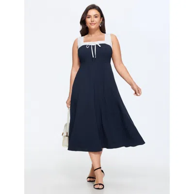 Bloomchic Color Block Square Neck Front Tie Sleeveless Midi Dress In Darkblue