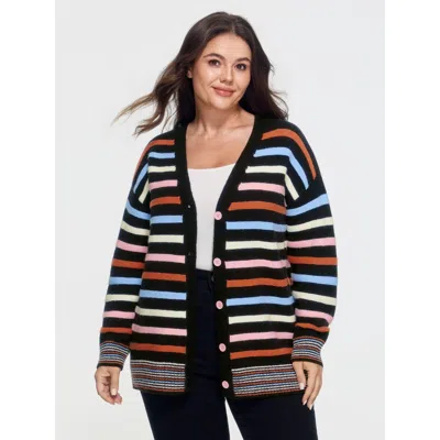 Bloomchic Color Block Striped Button Front Cardigan In Brown