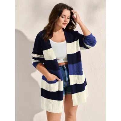 Bloomchic Color Block Textured Pockets Knit Cardigan In Mediumblue