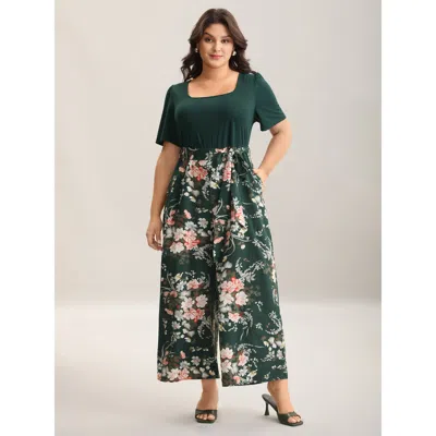 Bloomchic Color Contrast Belted Panel Pockets Jumpsuit In Green