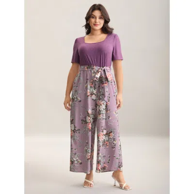 Bloomchic Color Contrast Belted Panel Pockets Jumpsuit In Purple