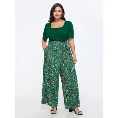 Bloomchic Color Contrast Belted Panel Pockets Jumpsuit In Truegreen