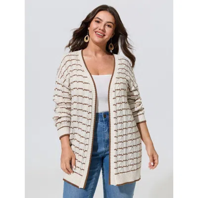 Bloomchic Color Contrast Cable Knit Open Front Cardigan In Beige
