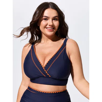 Bloomchic Color Contrast Embroidered Swim Top In Blue