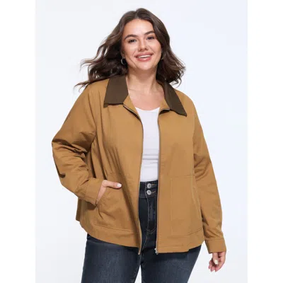 Bloomchic Color Contrast Full Zip Pocket Jacket In Brown
