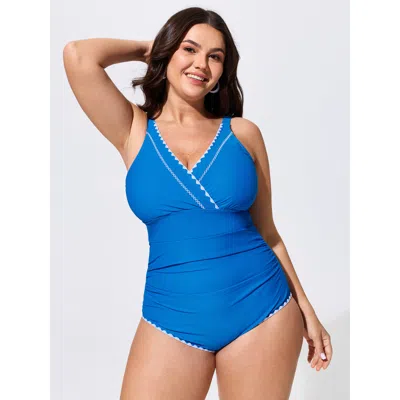 Bloomchic Color Contrast Ruched One-piece Swim In Blue