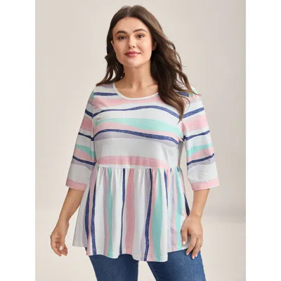 Bloomchic Color Contrast Seven-quarter Sleeve T-shirt In Neutral