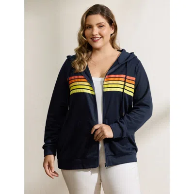 Bloomchic Color Contrast Stripes Zipper Hoodie In Blue