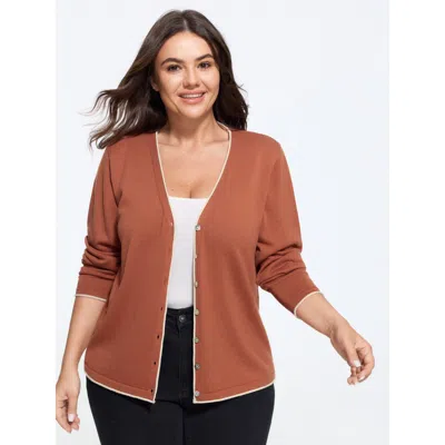 Bloomchic Color Contrast Trim V Neck Front Button Cardigan In Rust