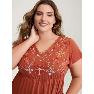 Bloomchic Color Floral Embroidery Lace Knit Top In Brown