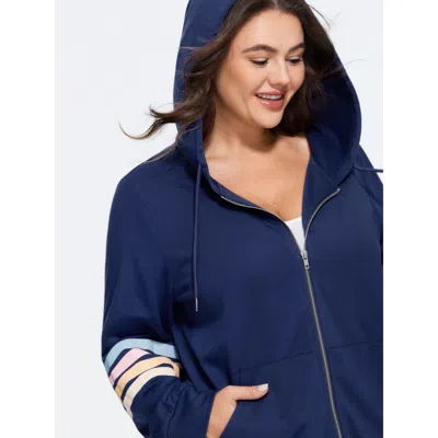 Bloomchic Color Stripe Sleeve Drawstring Zipper Hoodie In Blue