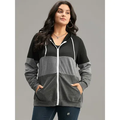 Bloomchic Colorblock Contrast Drawstring Zipper Hooded Sweatshirt In Multi
