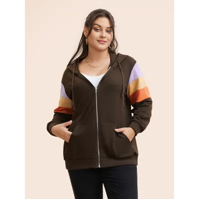 Bloomchic Colorblock Contrast Pocket Hooded Sweatshirt In Brown
