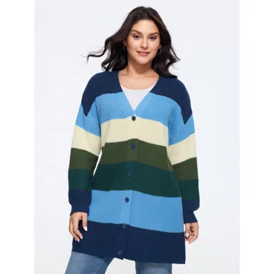 Bloomchic Colorblock Contrast Texture Button Cardigan In Sailor Blue