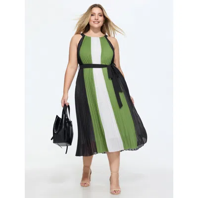 Bloomchic Colorblock Halter Neckline Waist-tie Midi Dress In Green